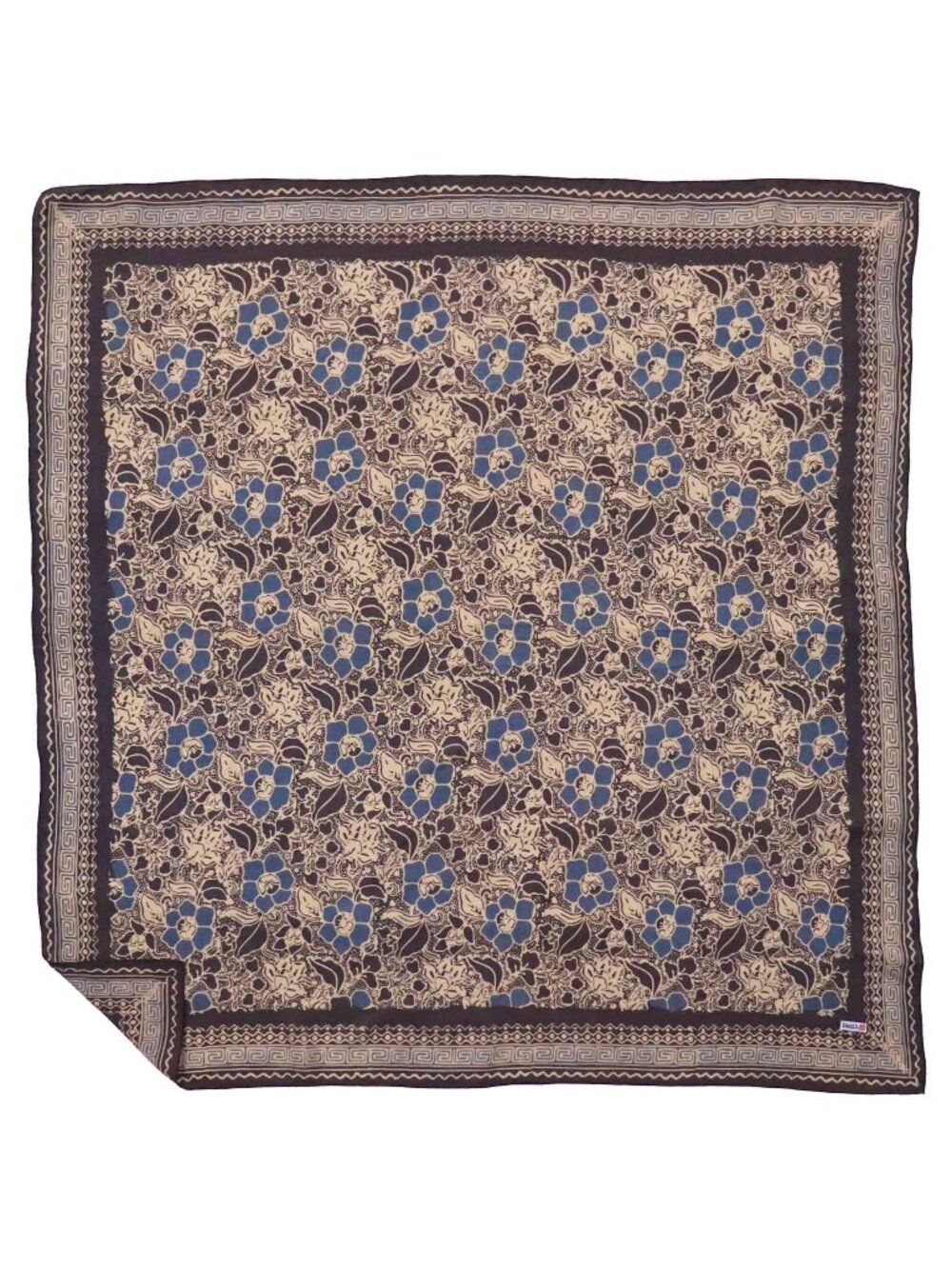 Large 39" Batik Bandana, Spotted Flowers, Tan Blue
